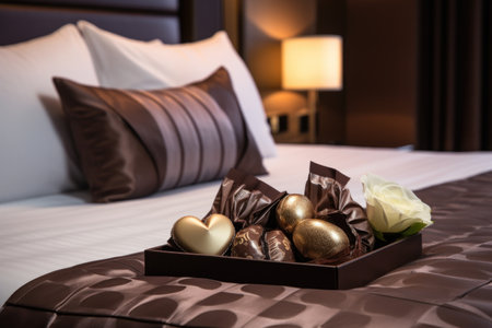 a beautifully made hotel bed with complimentary chocolates on the pillow, created with generative aiの素材