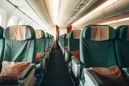 a row of empty airplane seats with headrest covers, created with generative aiの素材