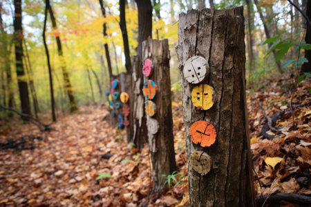 hiking trail markers on tree trunks in fall, created with generative aiの素材