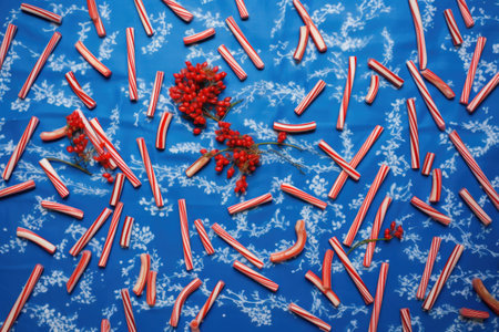 top view of candy canes scattered on a blue tablecloth, created with generative aiの素材