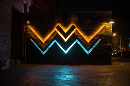 brand logo projected on a brick wall at night, created with generative aiの素材