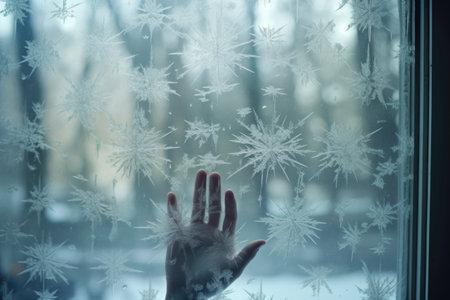 handprint snowflakes stuck on frosty window glass, created with generative aiの素材
