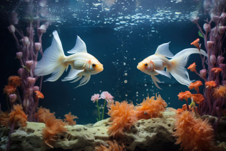 twin goldfish swimming side by side in a fancy aquarium, created with generative aiの素材