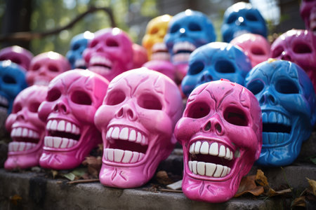 grinning plastic skulls placed on old gravestones, created with generative aiの素材