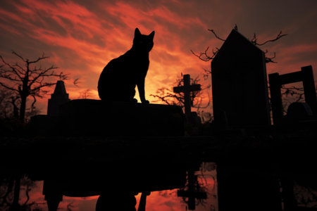 a silhouette of a black cat on a tombstone, created with generative aiの素材