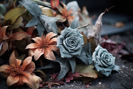 muted colored flowers on a tombstone with fallen leaves, created with generative aiの素材