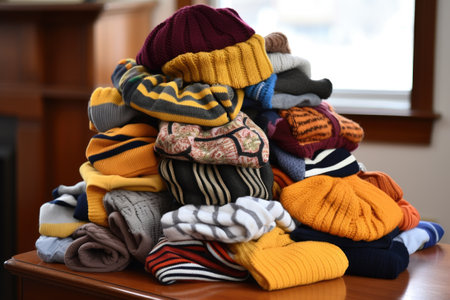 pile of brand new socks and hats for donation, created with generative aiの素材