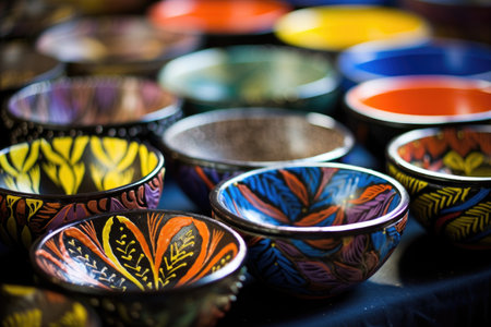 close-up shot of painted clay bowls for charity auction, created with generative aiの素材