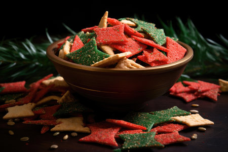 a mix of red and green crackers in a large bowl, created with generative aiの素材