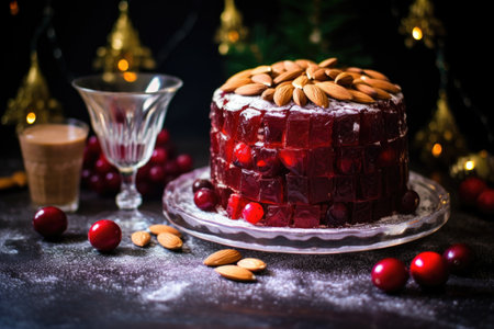 fruitcake topped with maraschino cherries and slivered almonds, created with generative aiの素材