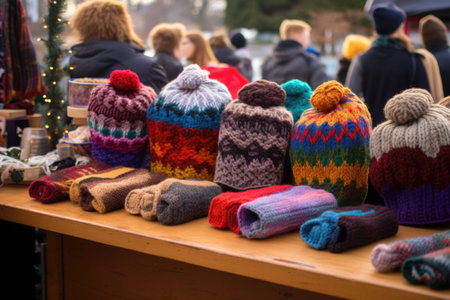 knitwear stall selling holiday-themed scarves and hats, created with generative aiの素材
