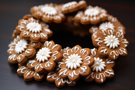 wreath crafted from miniature gingerbread cookies, created with generative aiの素材