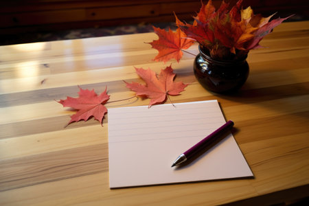 lined note cards and pen on a maple table, created with generative aiの素材