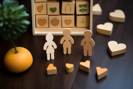 pair of wooden toy blocks, one marked mom, other dad, surrounded by baby blocks, created with generative aiの素材