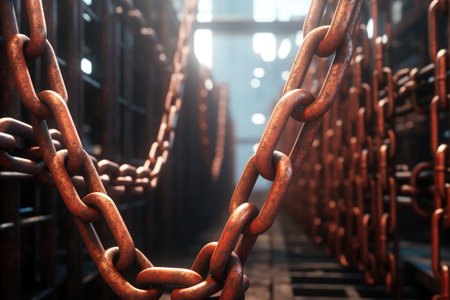 a metal chain link tightly interconnected, created with generative aiの素材