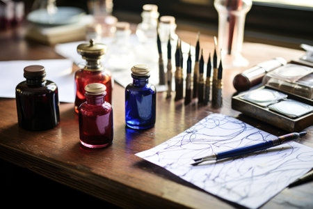calligraphy pens, ink, and practice sheets on a desk, created with generative aiの素材