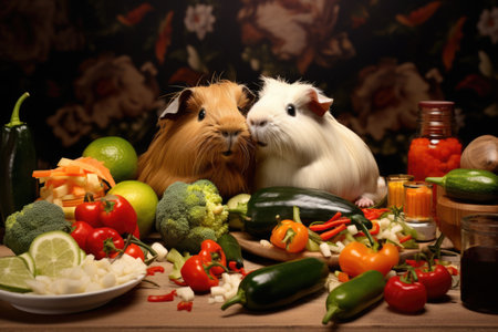 pair of guinea pigs eating vegetables, created with generative aiの素材