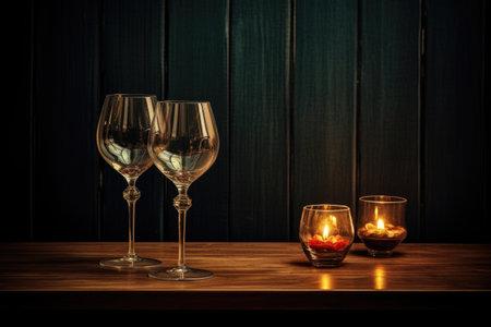 two empty wine glasses beside a candle, created with generative aiの素材