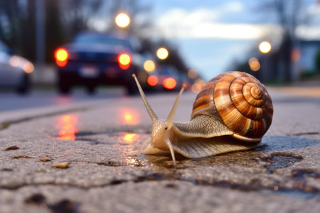 a snail crossing a busy sidewalk, created with generative aiの素材
