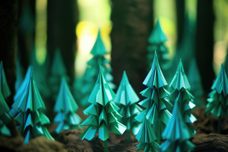 origami paper folded into miniature christmas trees, created with generative aiの素材
