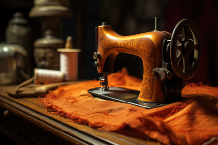 close-up of sewing machine with orange thread, created with generative aiの素材
