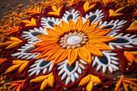 extreme close-up of rangoli concentrically filled with blue and pink powder, created with generative aiの素材