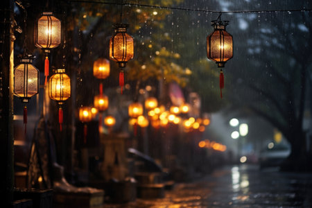 street lanterns shimmering in the night, created with generative aiの素材
