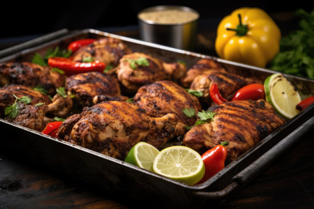 jamaican jerk chicken on a metal tray, created with generative aiの素材