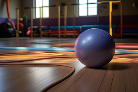 yoga ball and exercise bands on gym floor, created with generative aiの素材