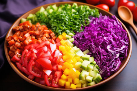 a rainbow gradient salad with everything from tomatoes to purple cabbage, created with generative aiの素材
