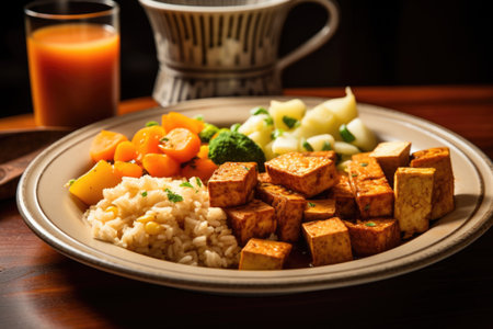 vegan meal with tofu, beans, and cooked vegetables, created with generative aiの素材