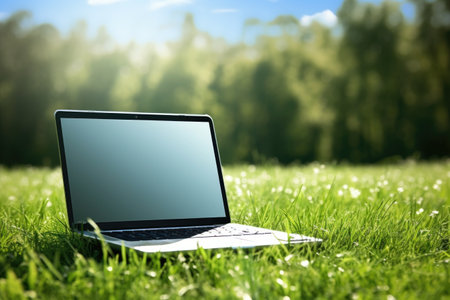 laptop with a blank screen on a grassy meadow, created with generative aiの素材