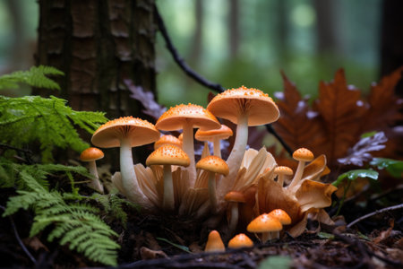 cluster of different types of mushrooms in a forest, created with generative aiの素材