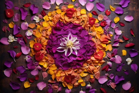 an overhead shot of colorful rangoli made with flower petals, created with generative aiの素材