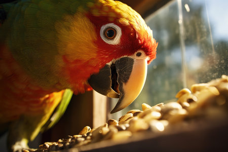 close-up of a parrot eating seeds from a bird feeder, created with generative aiの素材