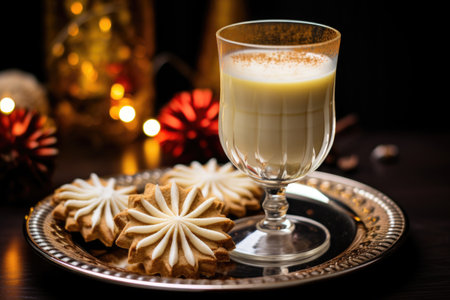 glass of eggnog dusted with nutmeg next to plate of pinwheel cookies, created with generative aiの素材