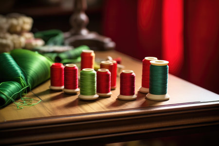 spools of bright red and green thread on sewing table, created with generative aiの素材