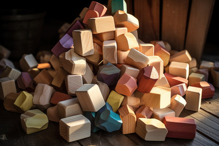 pile of wooden blocks ready to be transformed into toys, created with generative aiの素材
