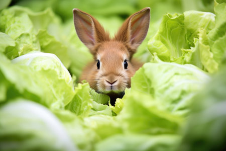 a rabbit surrounded by an excess of lettuce, created with generative aiの素材