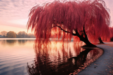 a weeping willow bending over a still lake, created with generative aiの素材