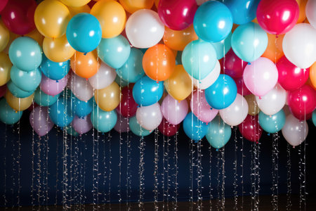 balloons in a variety of colors prepared for a celebration, created with generative aiの素材