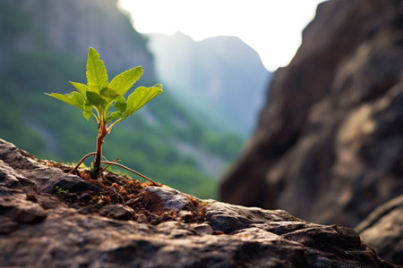 a resilient plant sprouting from a rugged mountain cliff, created with generative aiの素材