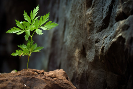 a plant growing in a tiny pocket of soil in a rock wall, created with generative aiの素材