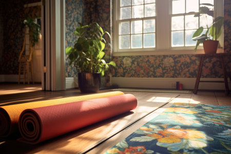 a pair of yoga mats in a home setting, created with generative aiの素材