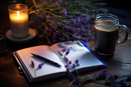 diary with pen and calming herbal tea cup nearby, created with generative aiの素材