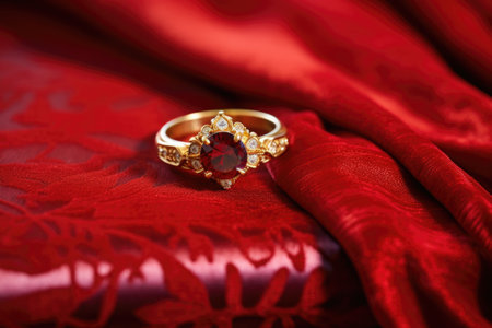 gold engagement ring placed on a red velvet cushion, created with generative aiの素材