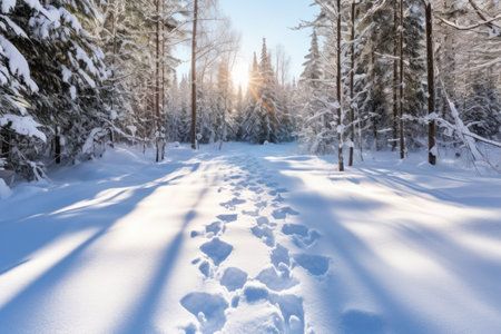 snow covered hiking trails with visible shoeprints, created with generative aiの素材