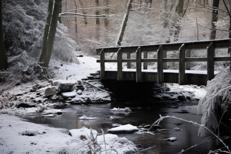 small footbridge spanning across a partially frozen creek, created with generative aiの素材