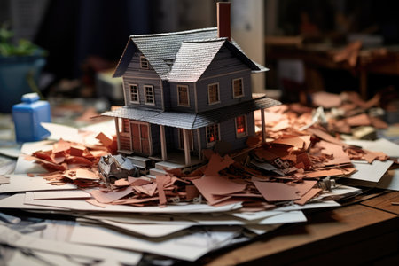 a small house model placed on top of a pile of legal documents, created with generative aiの素材