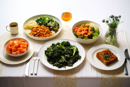 three course vegan meal spread on white table cloth, created with generative aiの素材